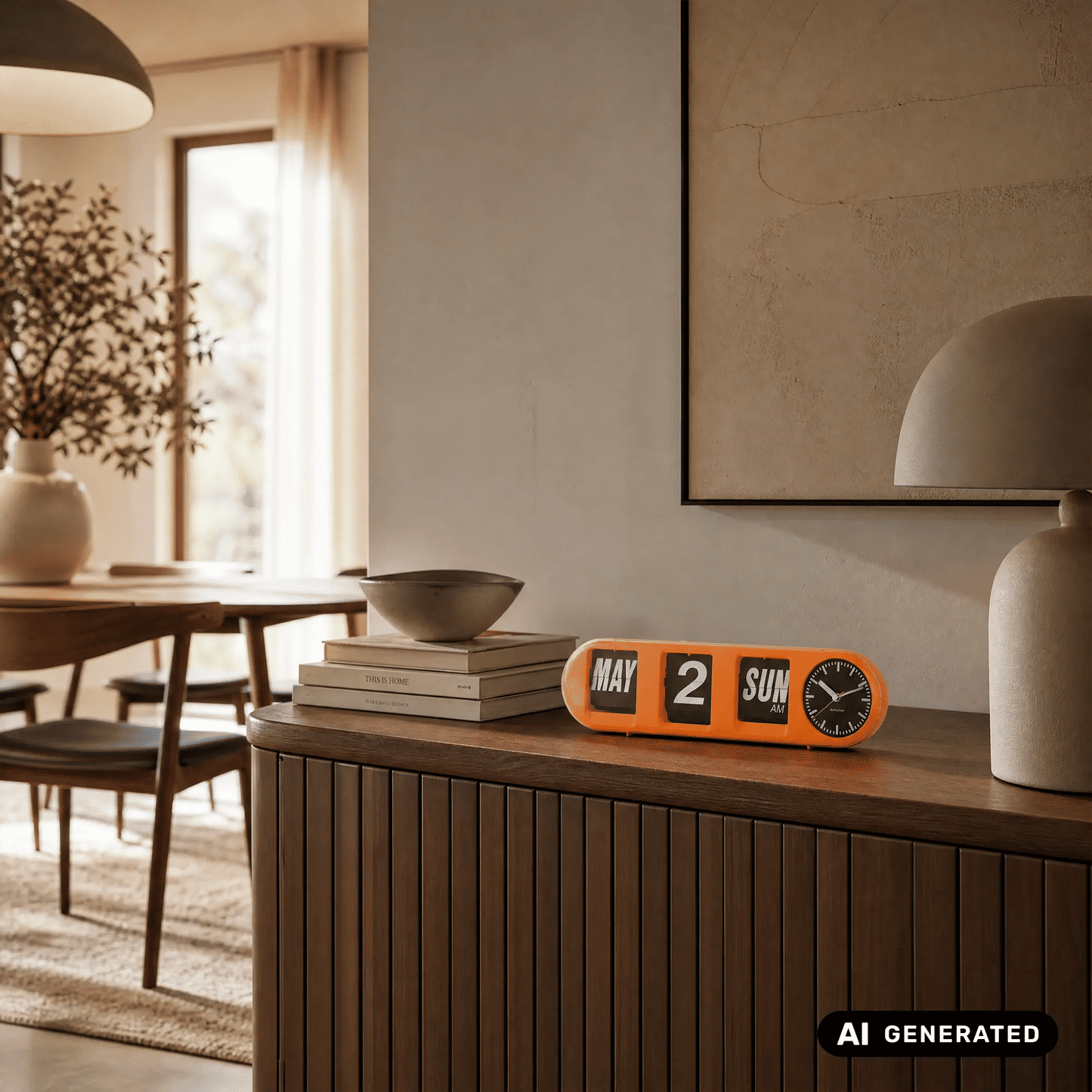 Orange Klappzahlen-Wanduhr mit Uhrwerk und schwarzem Ziffernblock, für Wand und Tisch