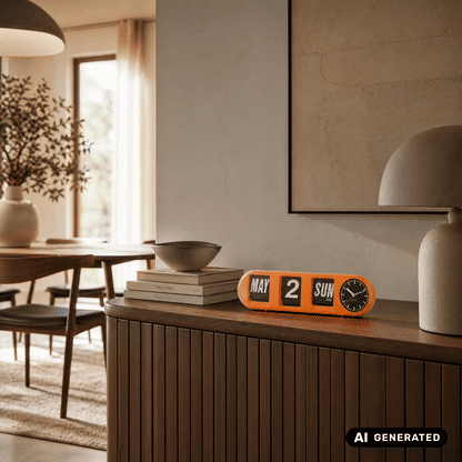 Orange Klappzahlen-Wanduhr mit Uhrwerk und schwarzem Ziffernblock, für Wand und Tisch
