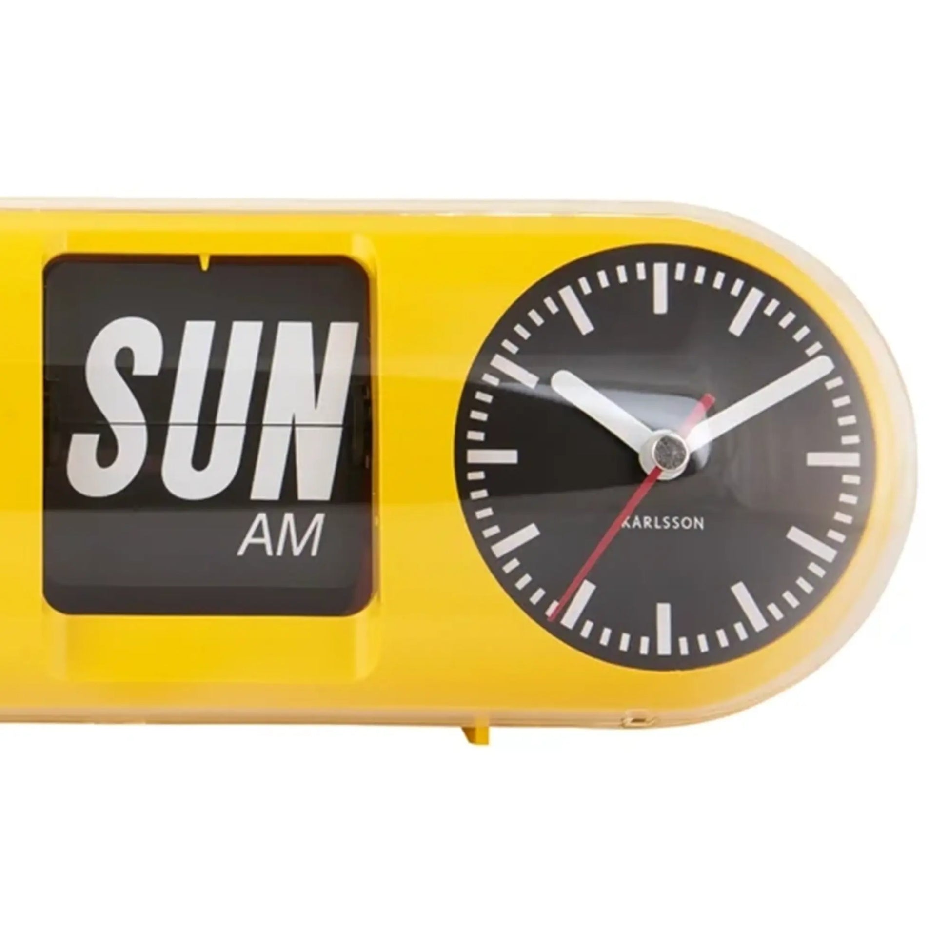 Leuchtgelbe Tube-Flip-Wanduhr: Anzeige „SUN AM“ und runde Ziffernblattanzeige