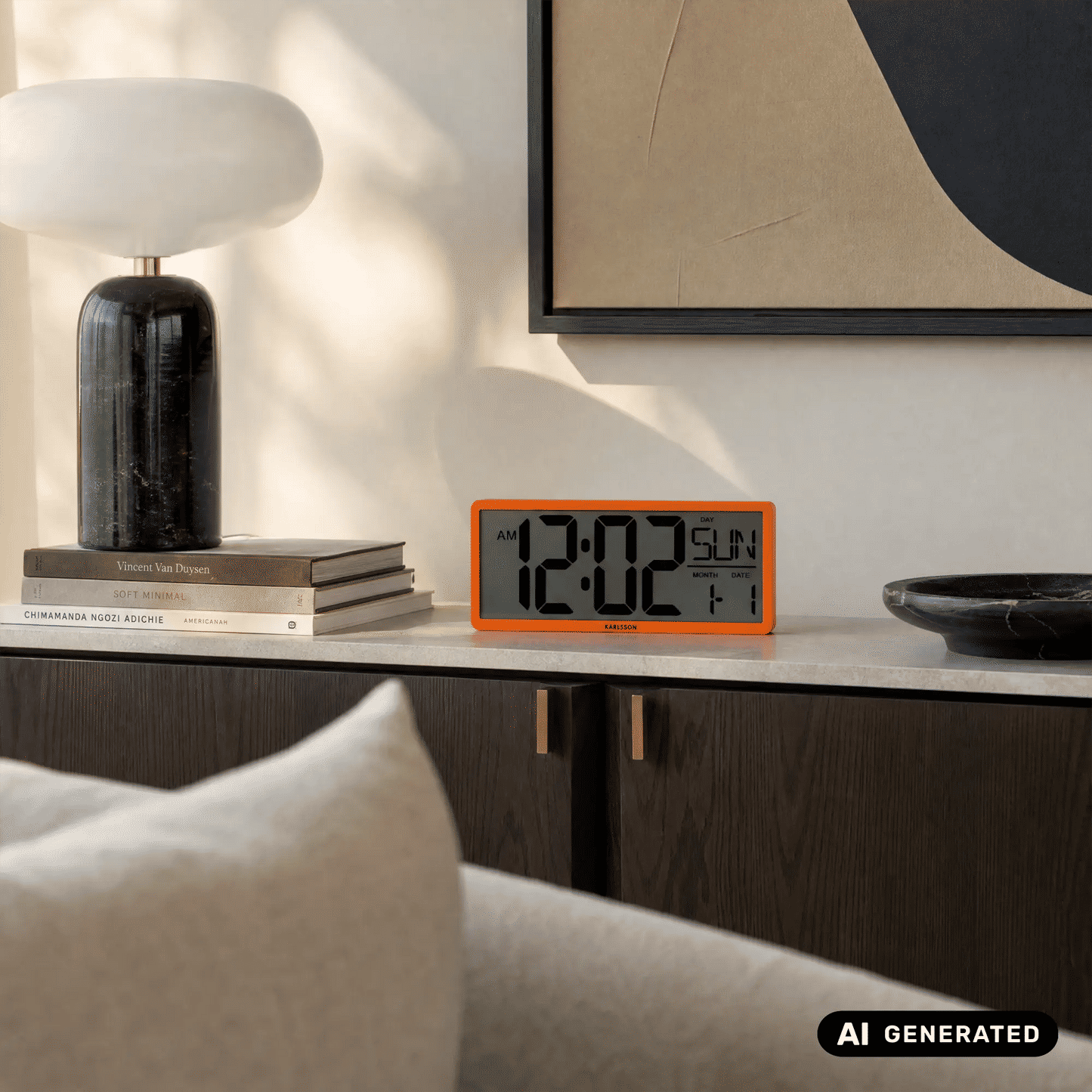 Retro-LCD-Wanduhr von Karlsson mit orangefarbenem Rahmen, Anzeige für Uhrzeit und Temperatur