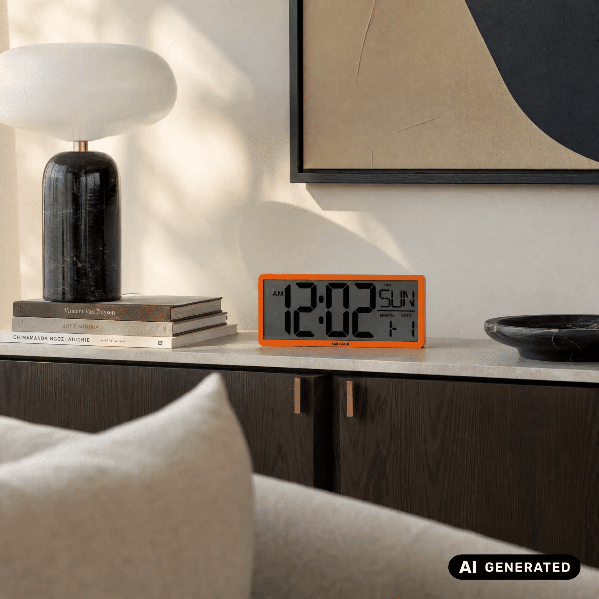 Retro-LCD-Wanduhr von Karlsson mit orangefarbenem Rahmen, Anzeige für Uhrzeit und Temperatur