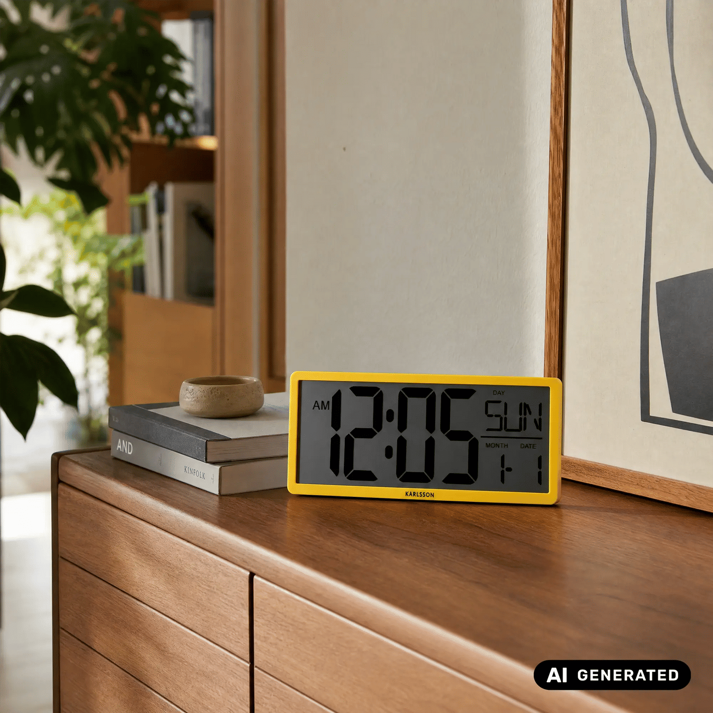 Gelb gerahmte Retro LCD-Wanduhr an der Wand, große schwarze Ziffern und Day/Date Anzeige.