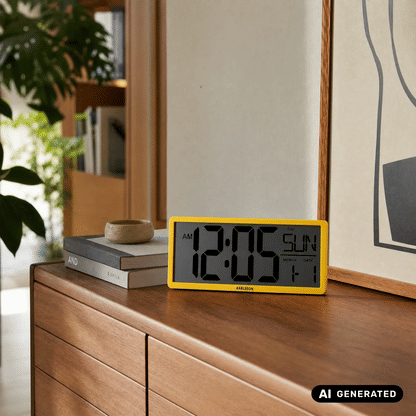 Gelb gerahmte Retro LCD-Wanduhr an der Wand, große schwarze Ziffern und Day/Date Anzeige.