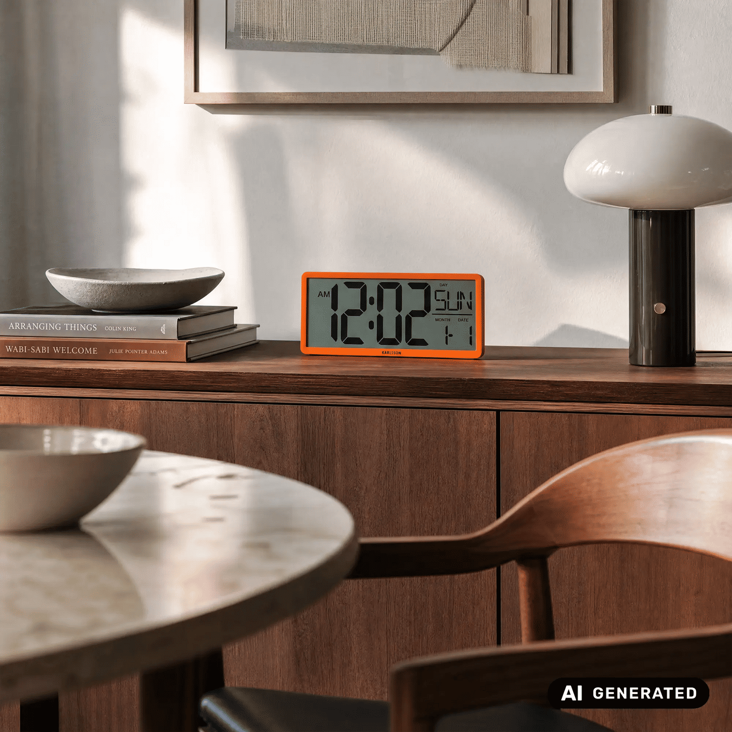 Retro-LCD-Wanduhr von Karlsson mit orangefarbenem Rahmen und digitaler Zeitanzeige