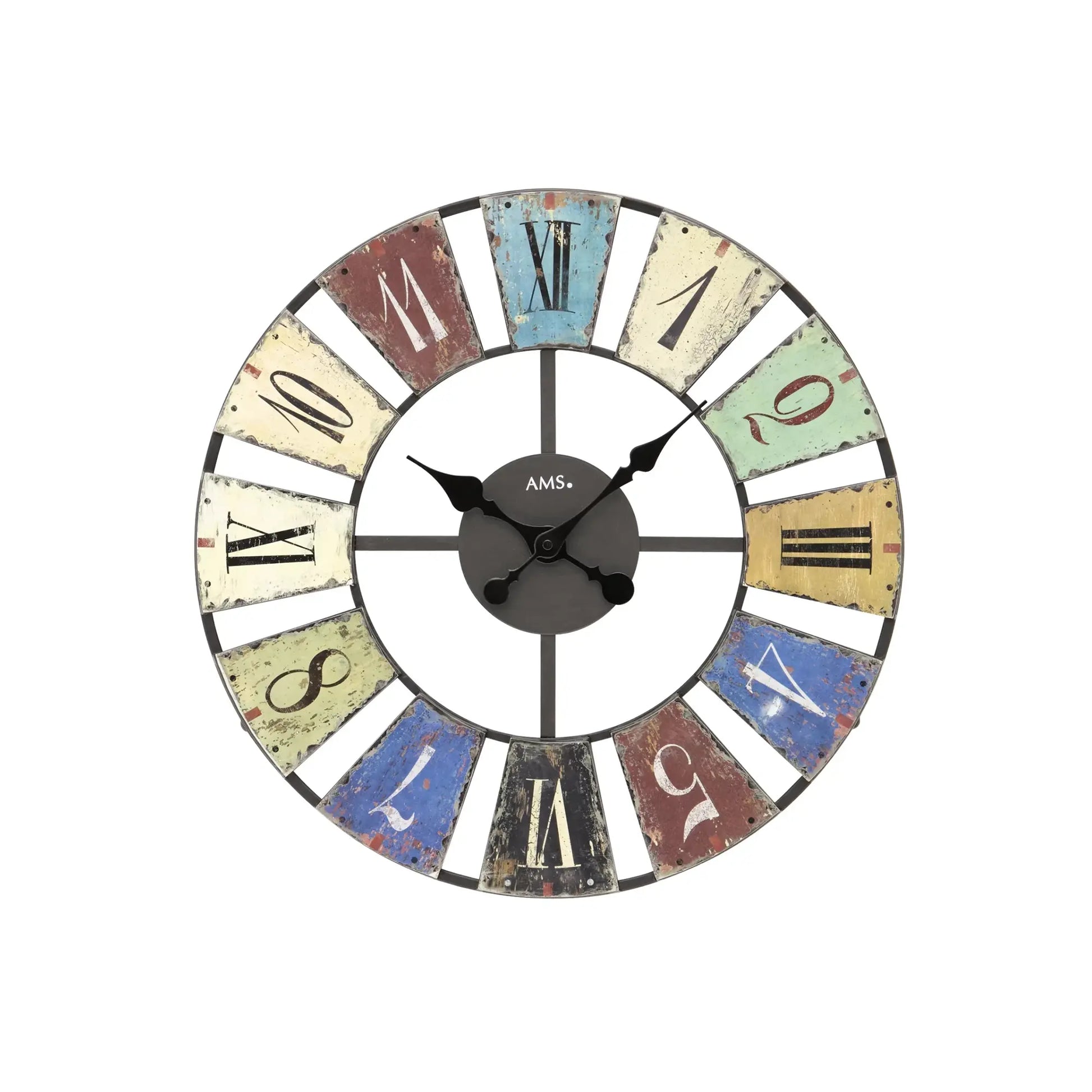 Retro-Wanduhr mit farbigem Ziffernring, runden Metallrand und schwarzen Zeigern