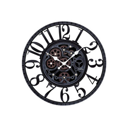 Wanduhr mit römischen Ziffern und sichtbarer Zahnrad-Mechanik in Antik-Optik