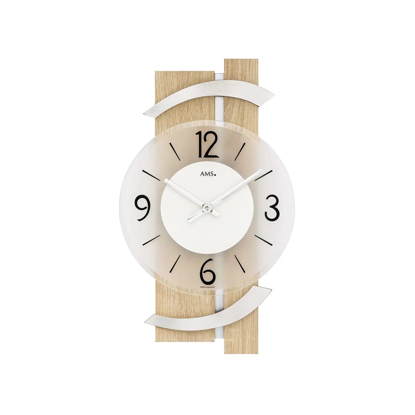 Wanduhr mit weißem Zifferblatt, schwarzen Zahlen und Holz- sowie Alurahmen, Uhrzeiger