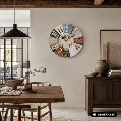 Wanduhr mit rundem Zifferblatt im Vintage-Collage-Design und großen Zahlen