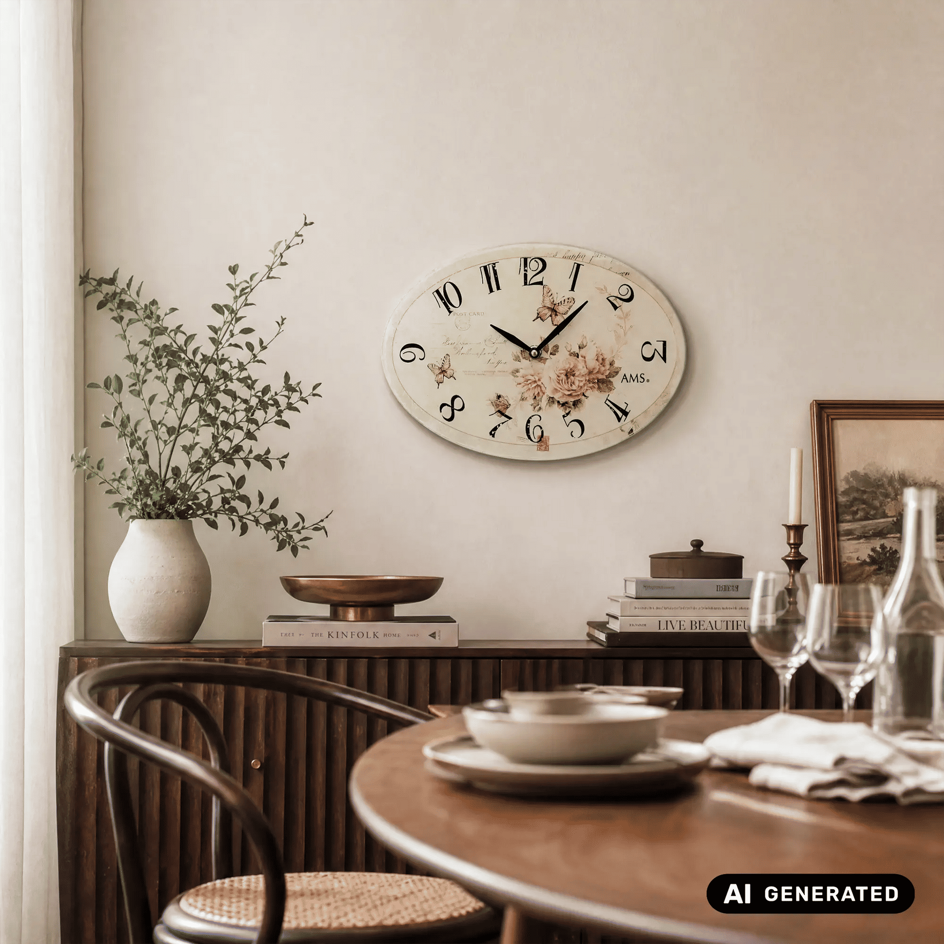 Runde Wanduhr an der Wand, cremefarbenes Zifferblatt mit Blumen, Schmetterlingen und schwarzen Zeigern