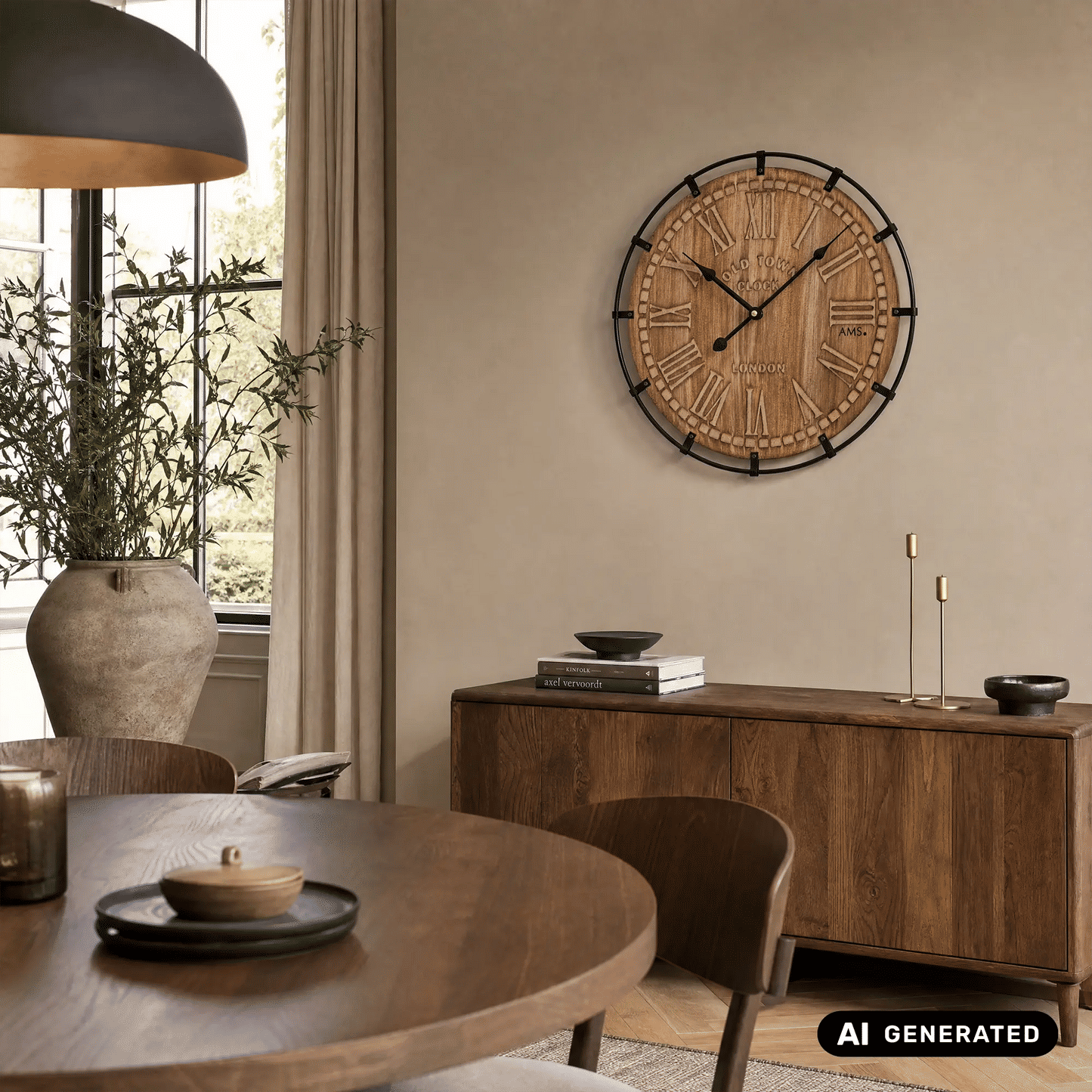 Wanduhr rund an der Wand mit Holz-Zifferblatt, römischen Ziffern, schwarzen Zeigern und Rahmen