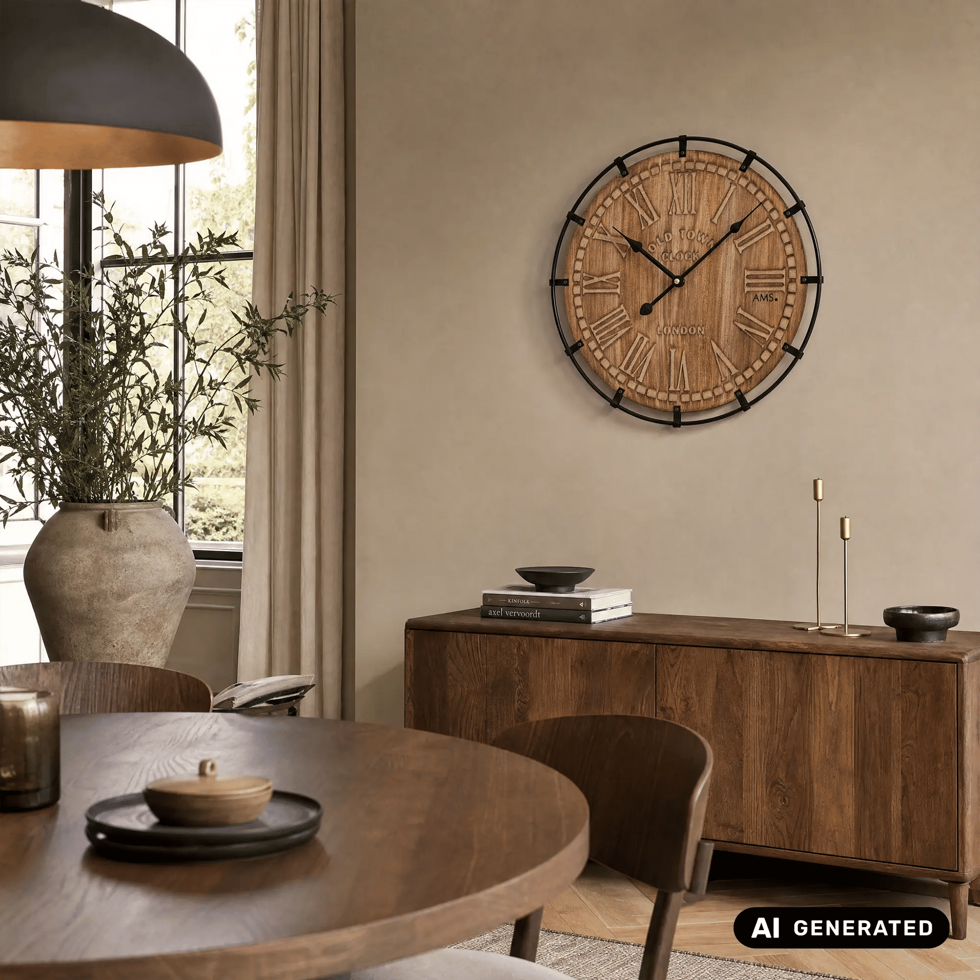 Wanduhr rund an der Wand mit Holz-Zifferblatt, römischen Ziffern, schwarzen Zeigern und Rahmen