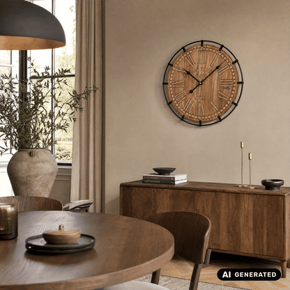 Wanduhr rund an der Wand mit Holz-Zifferblatt, römischen Ziffern, schwarzen Zeigern und Rahmen