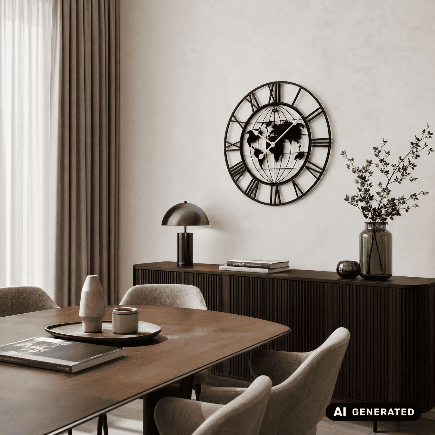Wanduhr an der Wand mit Weltkarten-Motiv, schwarzem Rahmen und goldfarbenen Zeigern