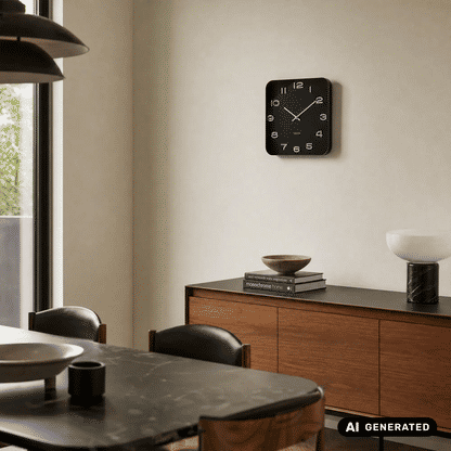 Karlsson Wanduhr, quadratisch schwarz, offenes Zifferblatt, silberne Zeiger
