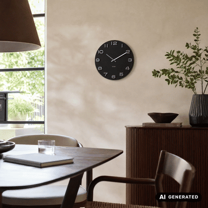 Schwarze runde Wanduhr an beiger Wand, silberne Zahlen und Zeiger