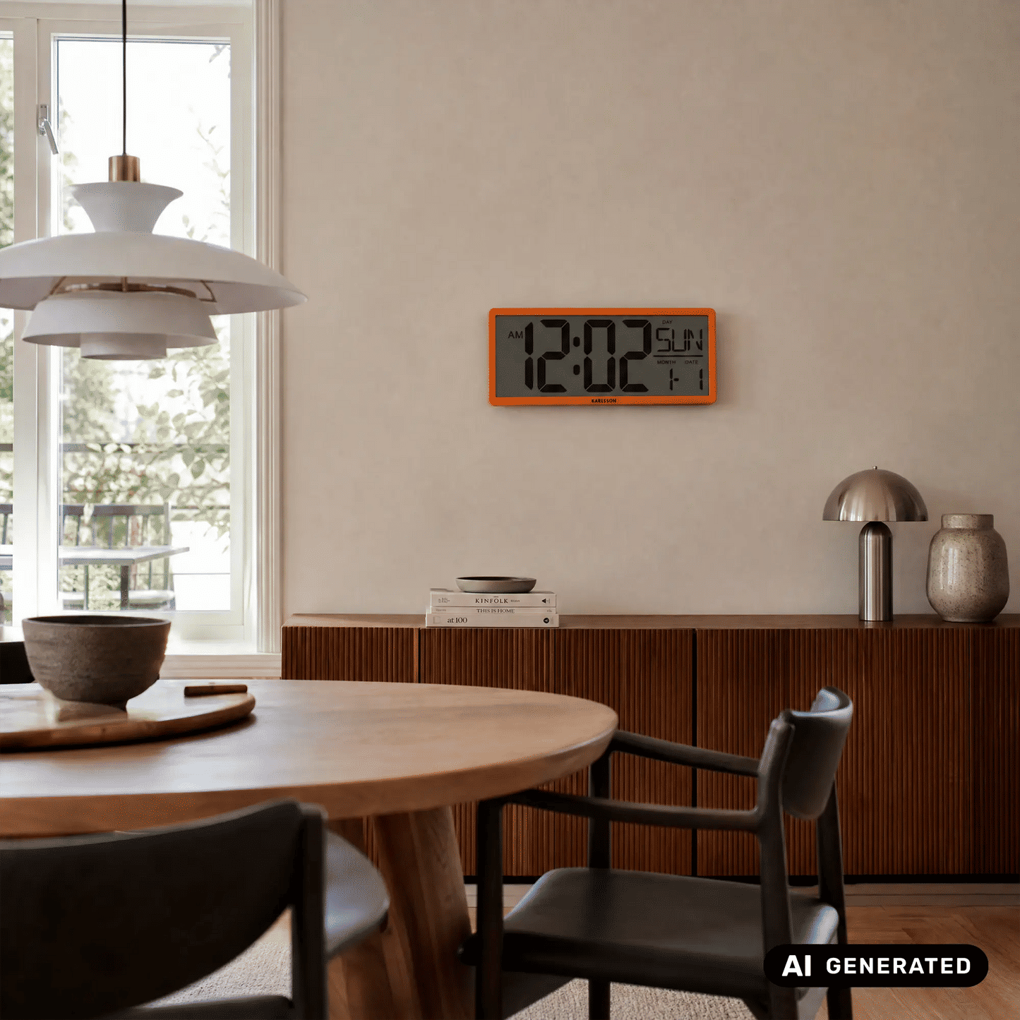 Retro-LCD-Wanduhr von Karlsson mit orangefarbenem Rahmen und digitaler Tagesanzeige