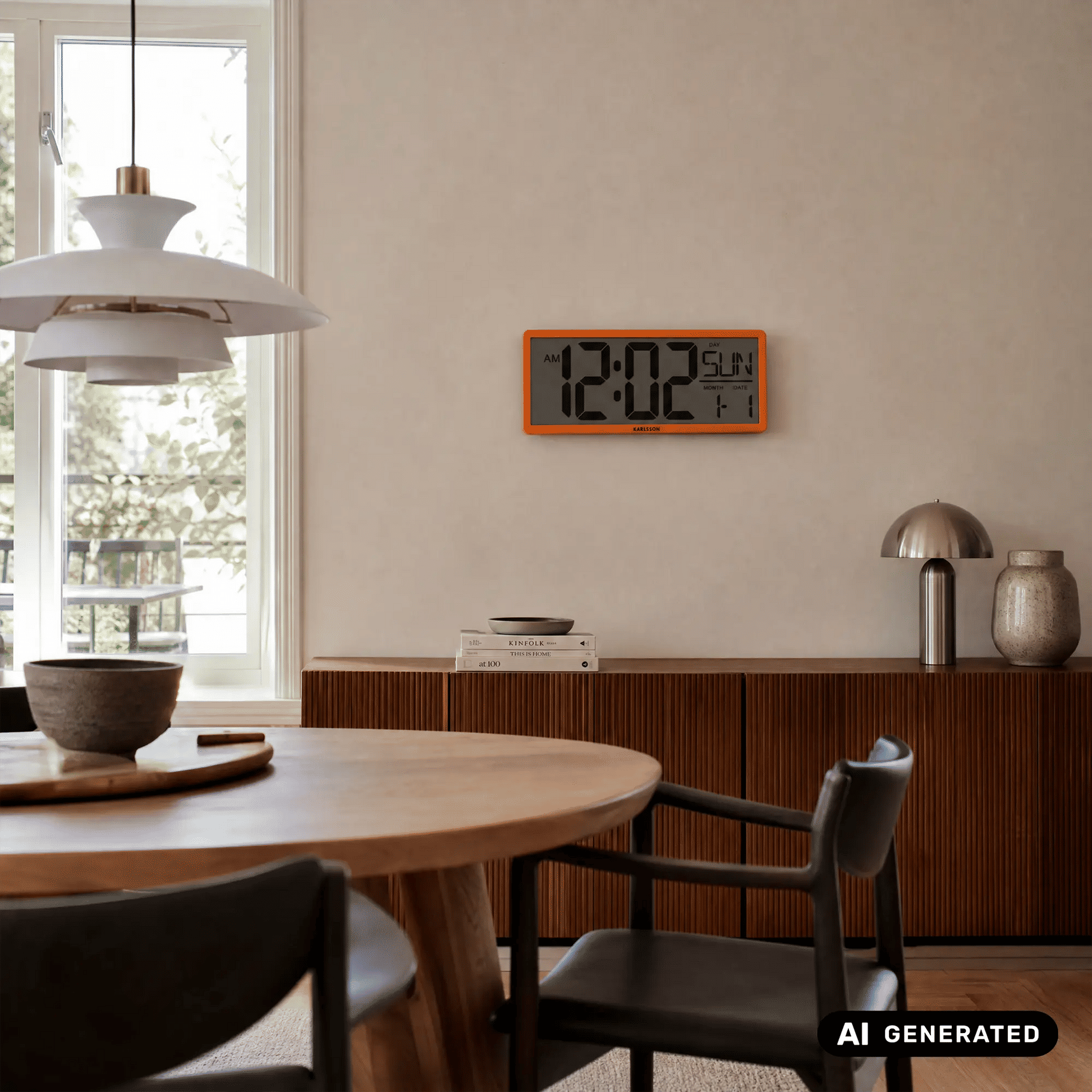 Retro-LCD-Wanduhr von Karlsson mit orangefarbenem Rahmen und digitaler Tagesanzeige