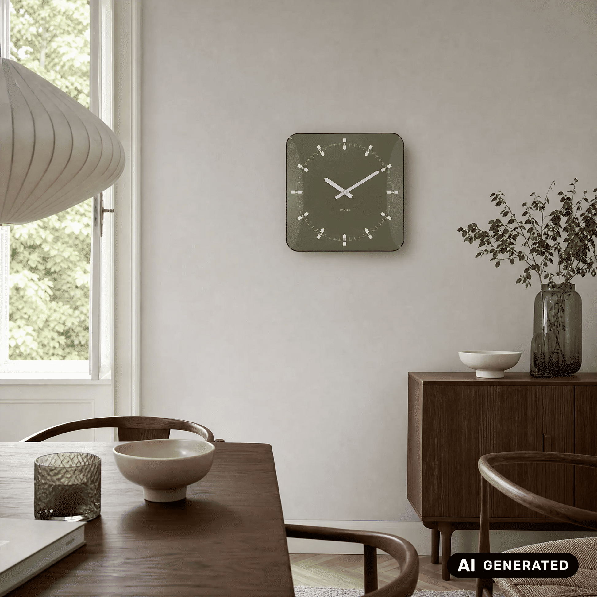 Quadratische Wanduhr mit grünem Zifferblatt, weißen Zeigern und Indexmarkierungen