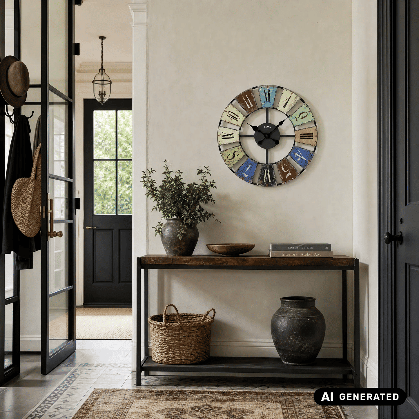 Retro-Wanduhr mit farbigem Ziffernring, schwarzem Zentrum und deutlich sichtbaren römischen Ziffern
