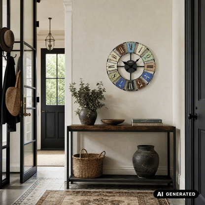 Retro-Wanduhr mit farbigem Ziffernring, schwarzem Zentrum und deutlich sichtbaren römischen Ziffern