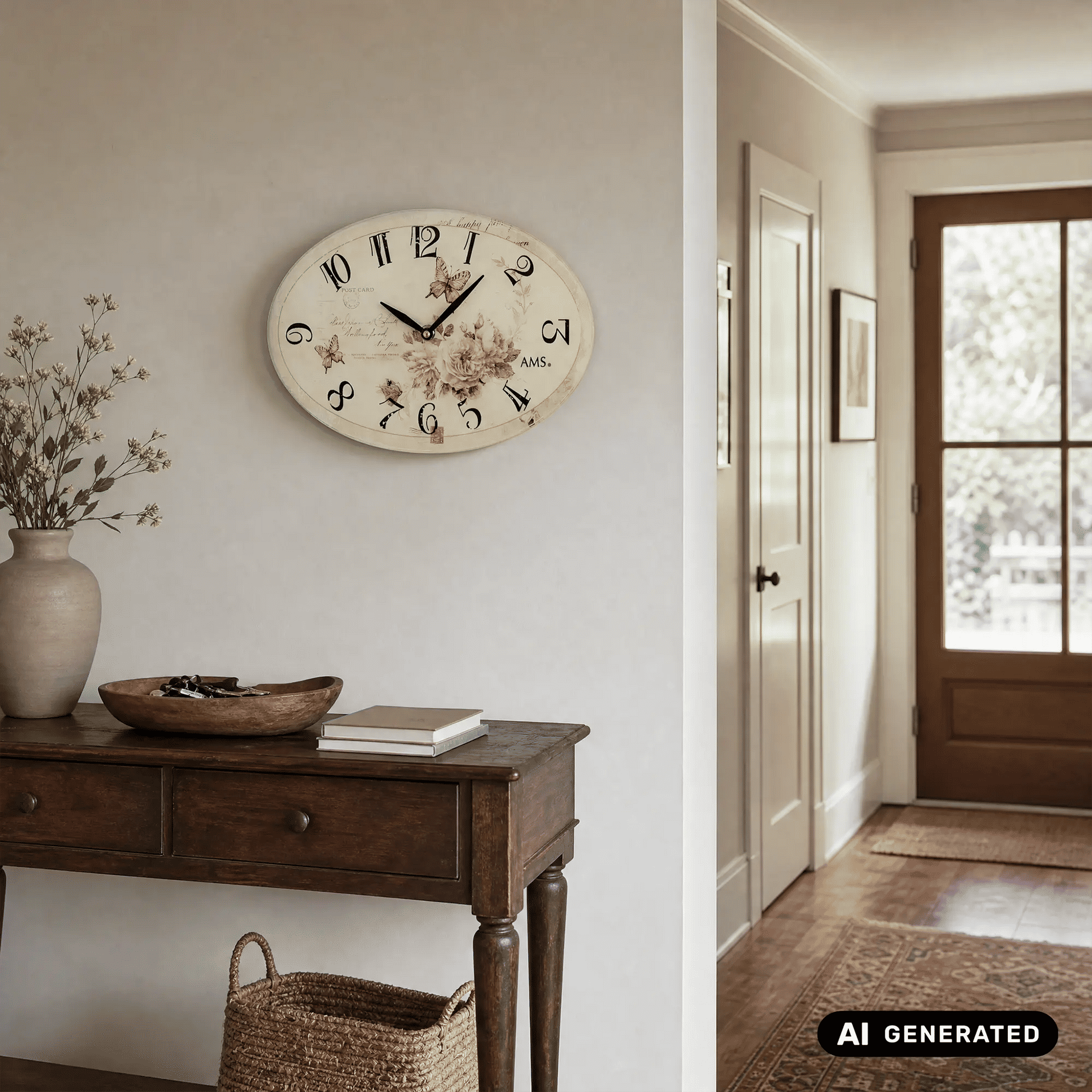 Runde Wanduhr an der Wand mit cremefarbenem Zifferblatt, Blumen und schwarzen Zeigern