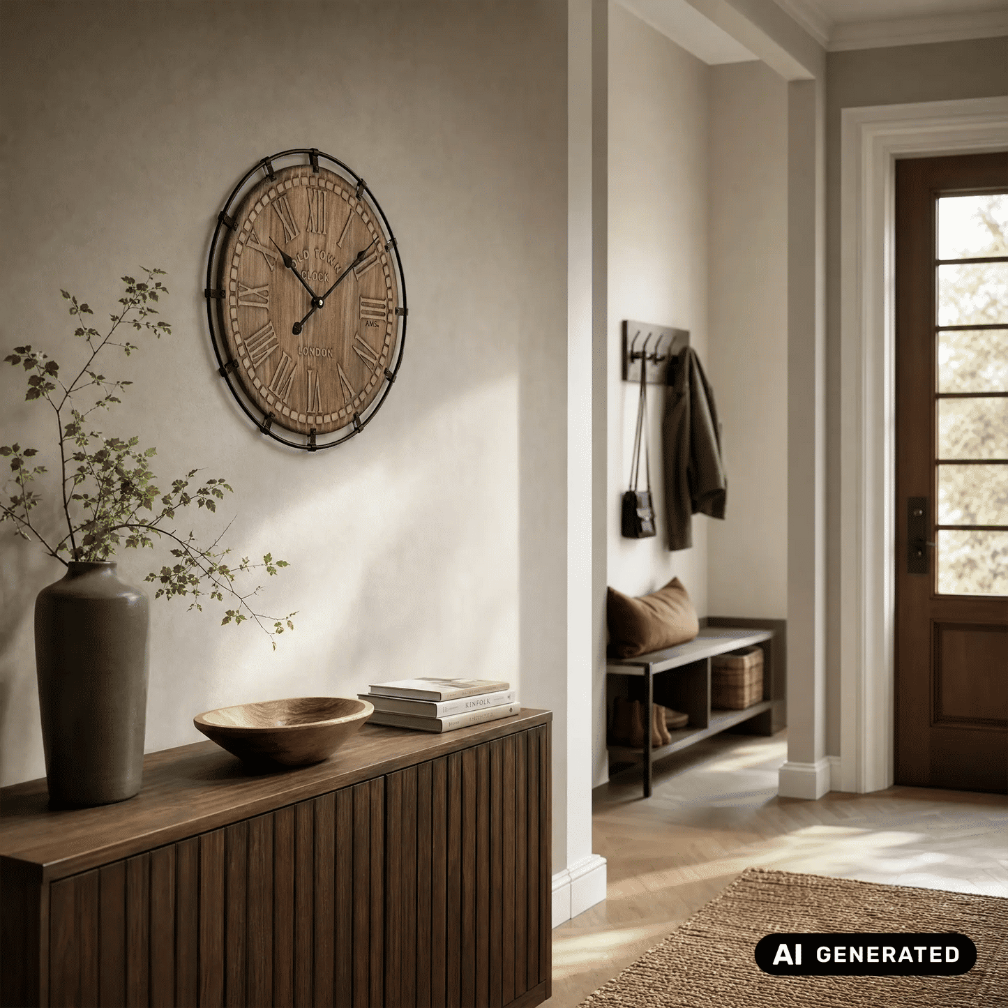 Wanduhr rund an der Wand: Holz-Zifferblatt mit römischen Zahlen und schwarzem Rahmen