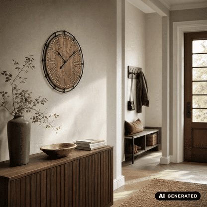 Wanduhr rund an der Wand: Holz-Zifferblatt mit römischen Zahlen und schwarzem Rahmen