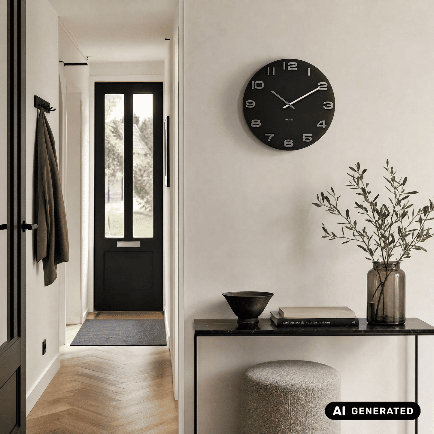 Schwarze runde Wanduhr an der Wand mit silbernen Ziffern und Zeigern
