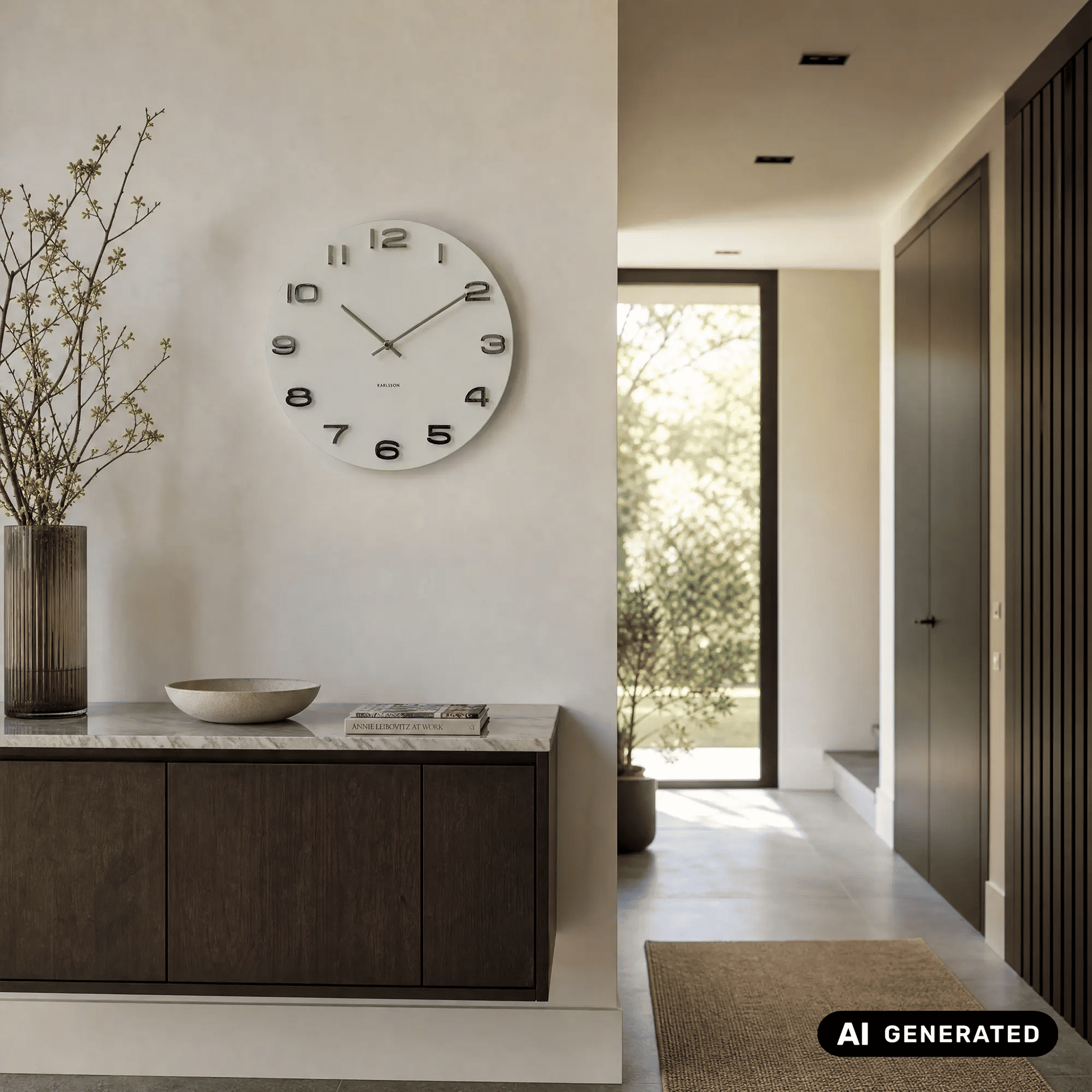 Runde Wanduhr über Sideboard: weißes Ziffernblatt mit arabischen Ziffern und Zeigern