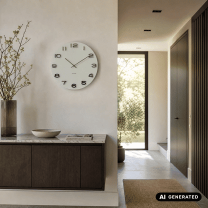 Runde Wanduhr über Sideboard: weißes Ziffernblatt mit arabischen Ziffern und Zeigern