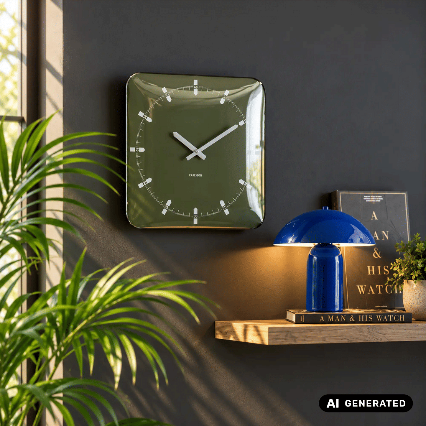 Quadratische Wanduhr mit grünem Zifferblatt, weißen Zeigern und klarer Glasabdeckung
