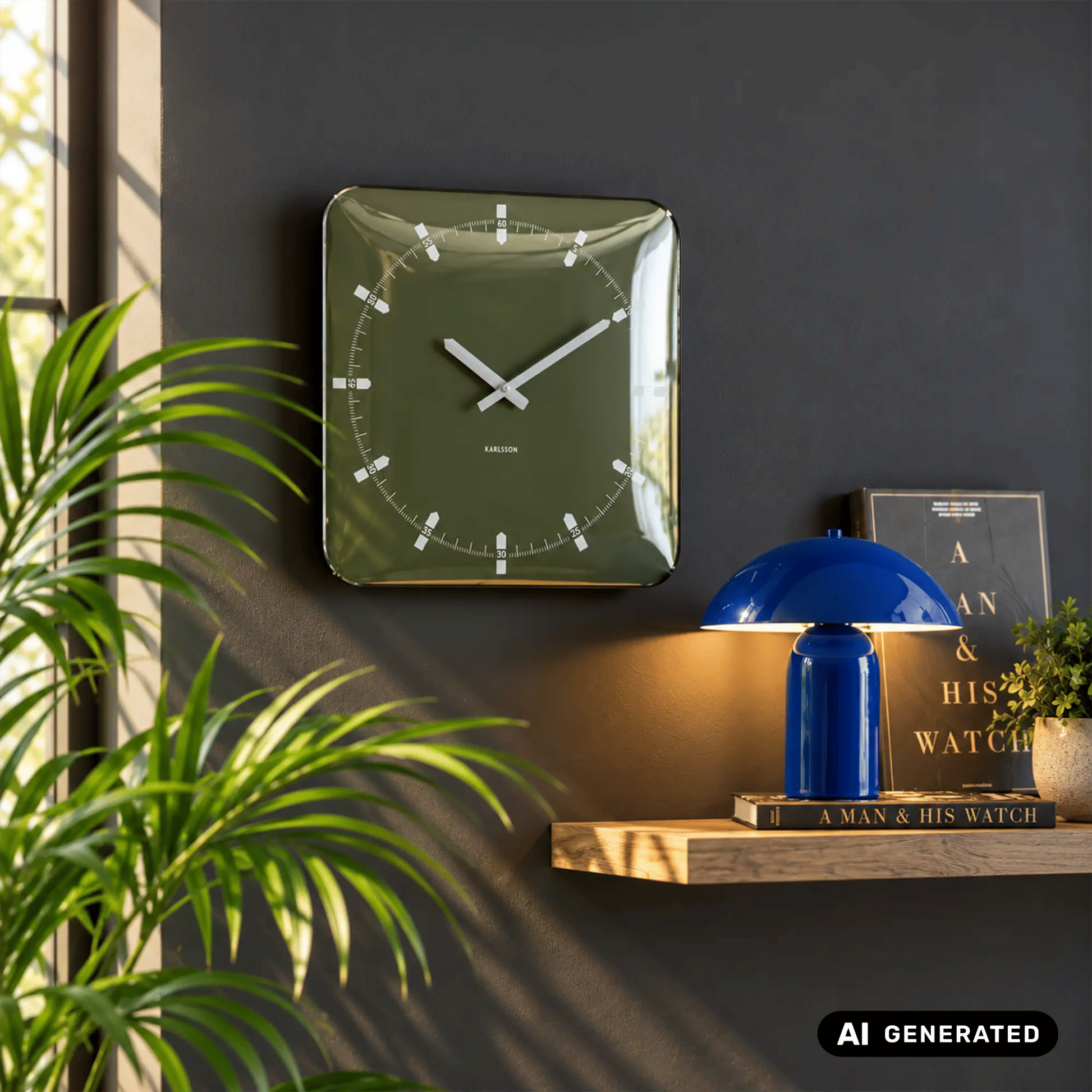Quadratische Wanduhr mit grünem Zifferblatt, weißen Zeigern und klarer Glasabdeckung
