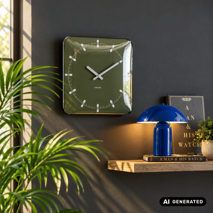 Quadratische Wanduhr mit grünem Zifferblatt, weißen Zeigern und klarer Glasabdeckung