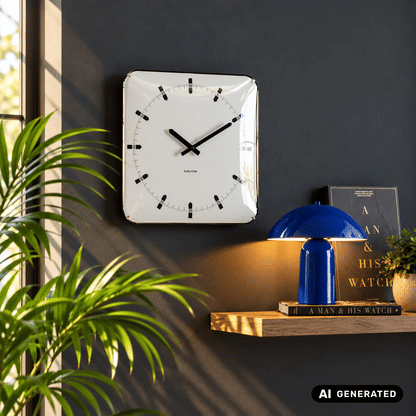 Quadratische Wanduhr mit weißem Zifferblatt und schwarzem Rahmen, gewölbtes Glas.