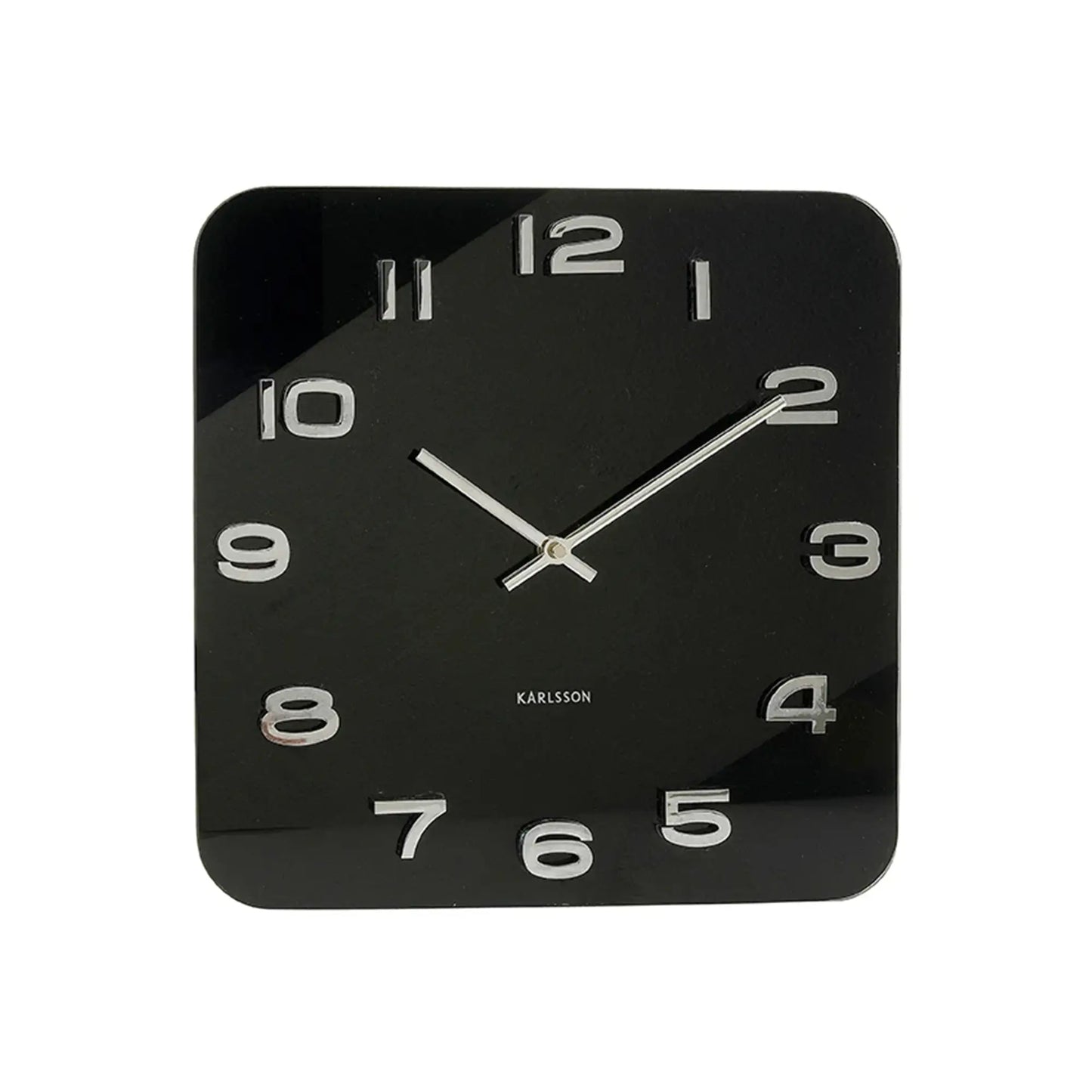 Karlsson Wanduhr, quadratisches schwarzes Zifferblatt, silberne Stunden- und Minutenzeiger