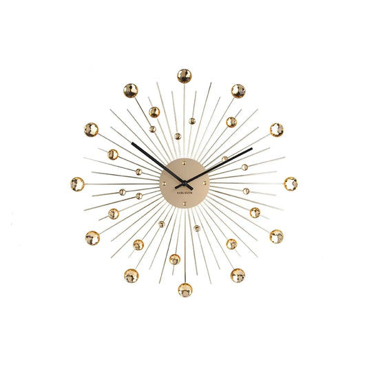 Runde goldene Sunburst-Wanduhr mit strahlenförmigen Stäben und Kristallkugeln