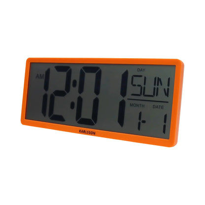 Karlsson Retro-LCD-Wanduhr, orangefarbener Rahmen mit AM/Tag- und Datumsanzeige