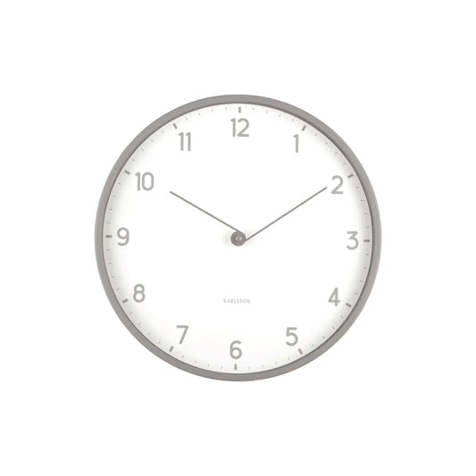 Karlsson Wanduhr rund, weißes Zifferblatt mit Ziffern und dunkelgrauem Rahmen