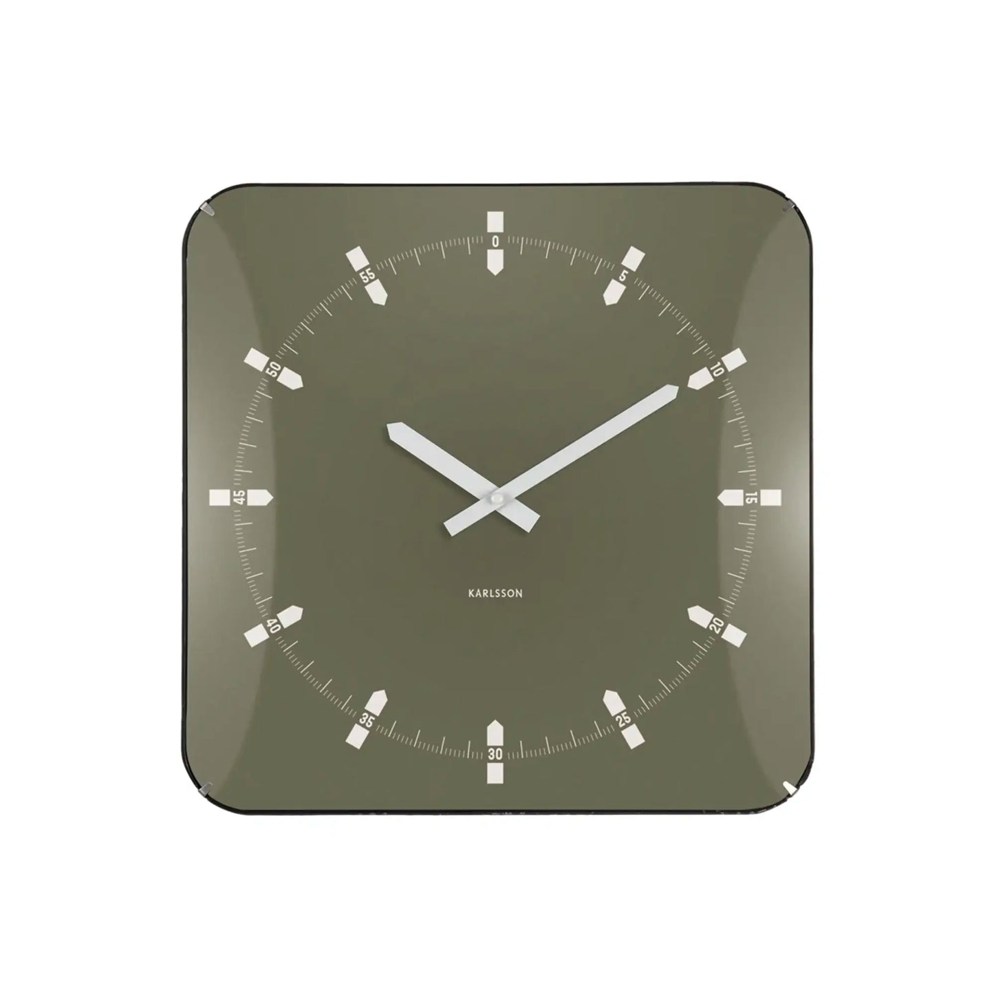 Quadratische Wanduhr mit grünem Zifferblatt, weißen Zeigern und Indexskala