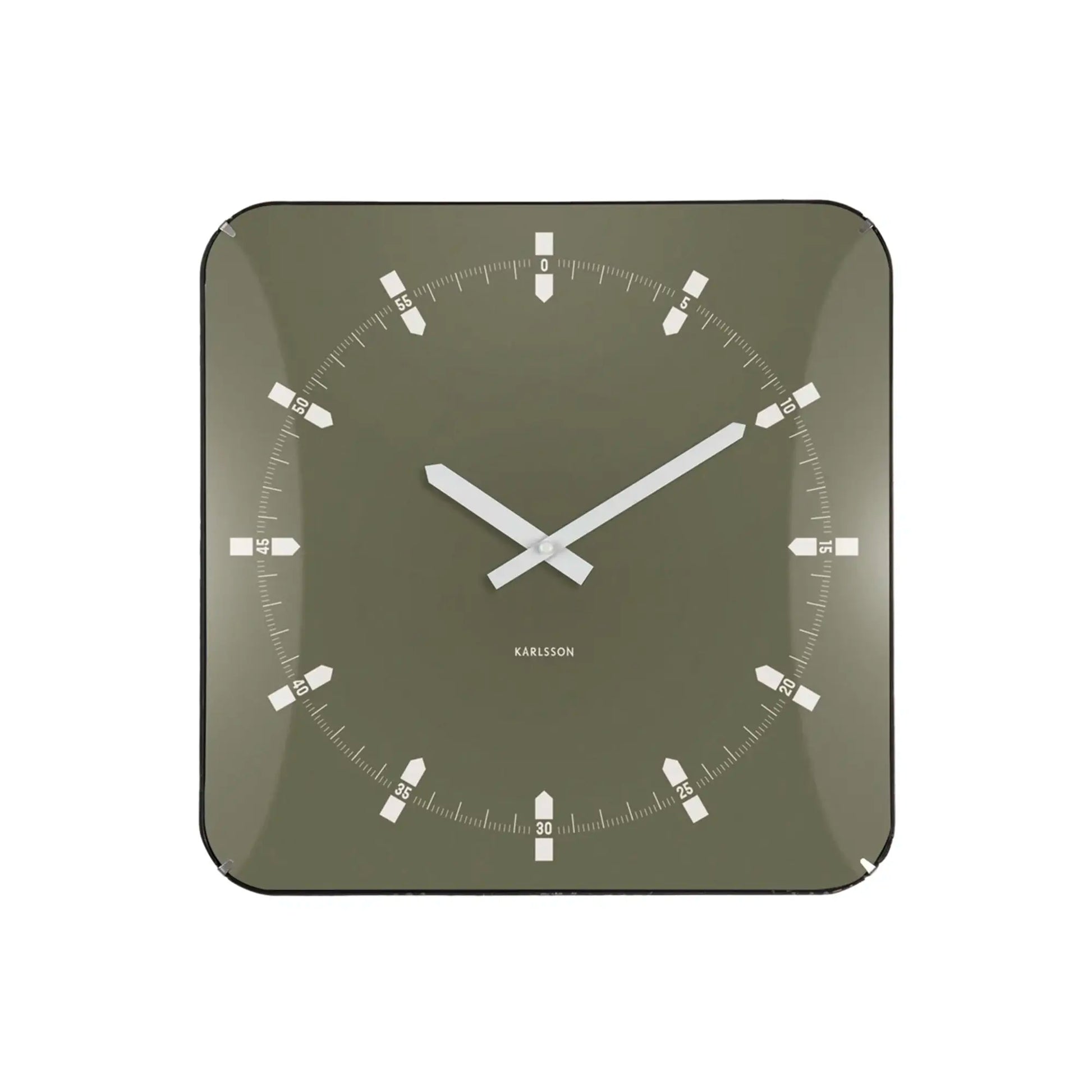 Quadratische Wanduhr mit grünem Zifferblatt, weißen Zeigern und Indexskala