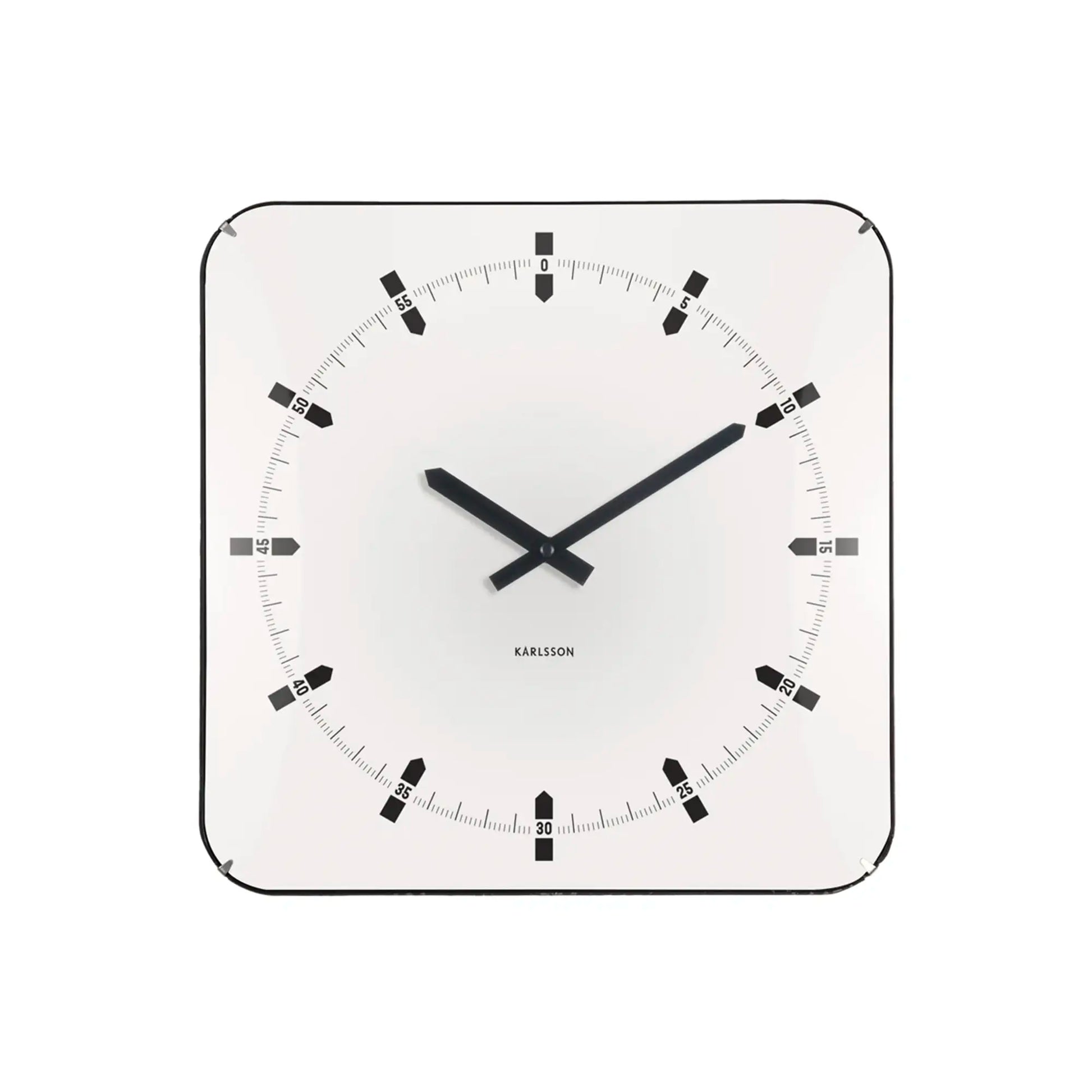 Quadratische Wanduhr mit weißem Zifferblatt, schwarze Zeiger und Minutenmarken, Rahmen.