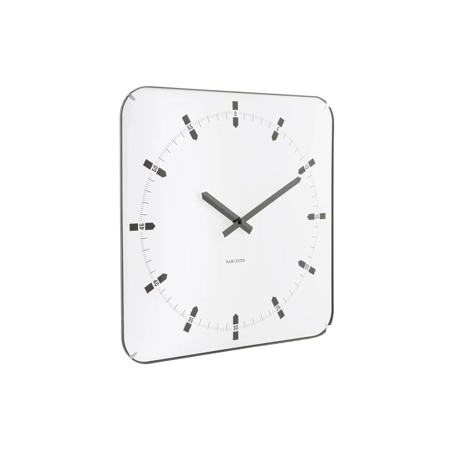 Quadratische Wanduhr mit weißem Zifferblatt und schwarzem Kantenrahmen, gewölbtes Glas.