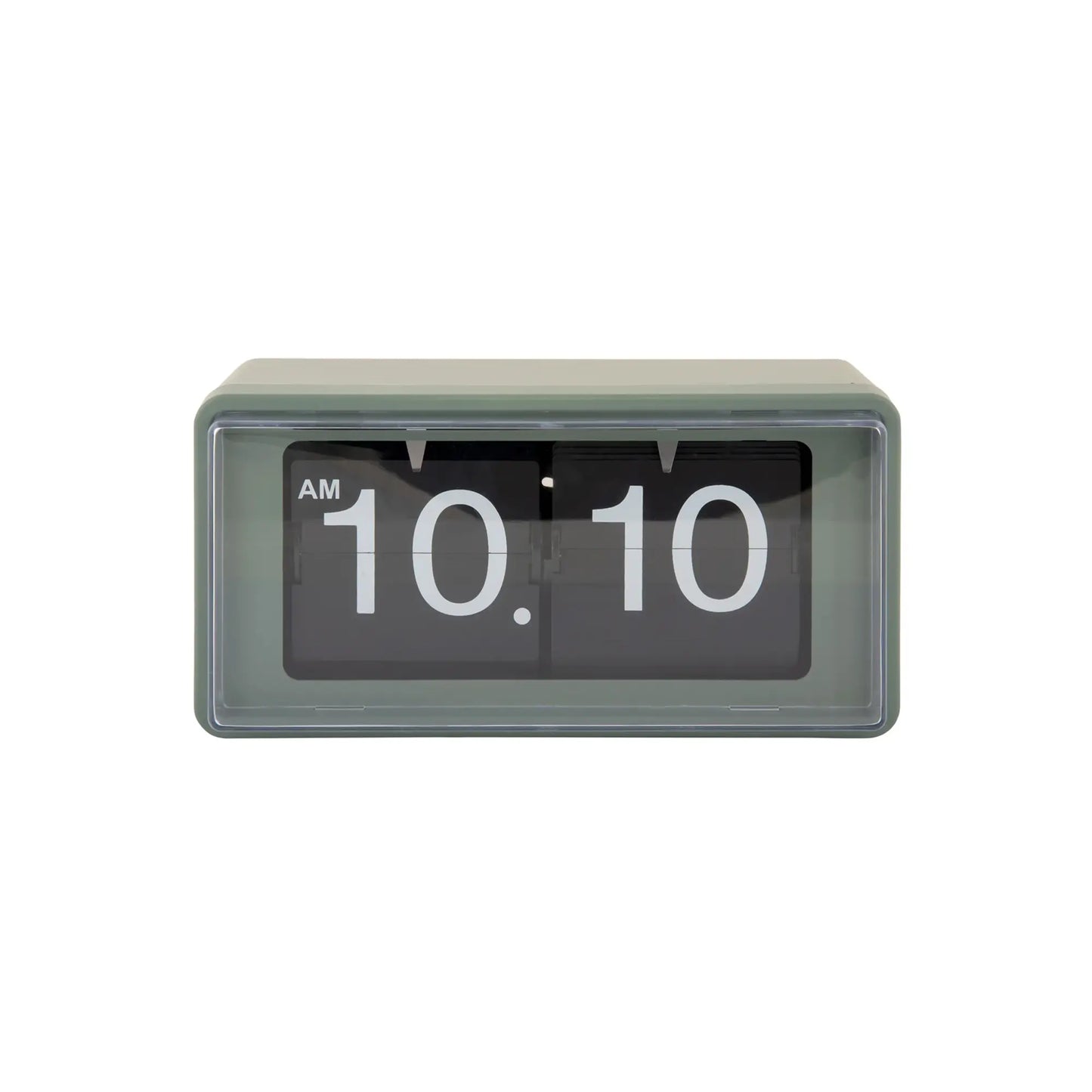 Wanduhr Dschungelgrün mit Klappzahlen-Display, AM-Anzeige und 10:10-Ziffern