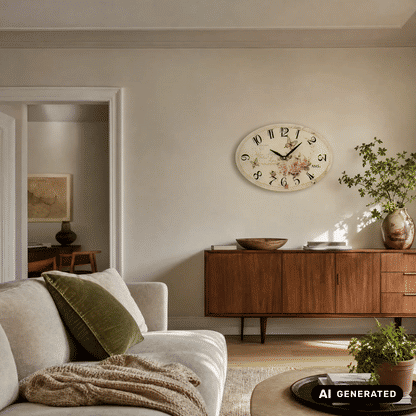 Runde Wanduhr an der Wand, cremefarbenes Zifferblatt mit Blumen und Schmetterlingen