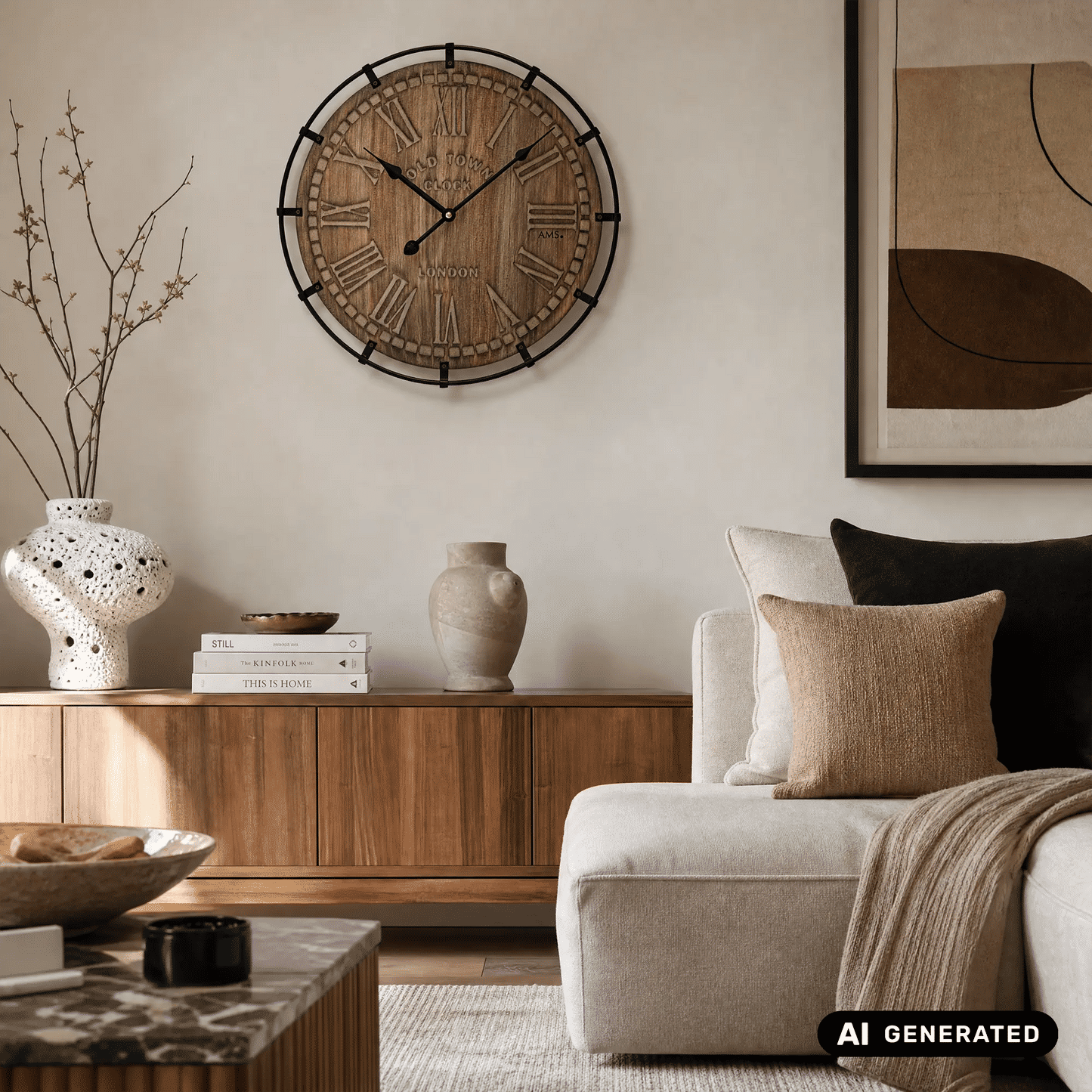 Wanduhr rund an der Wand mit Holz-Zifferblatt, römischen Zahlen und schwarz eingefasstem Rahmen