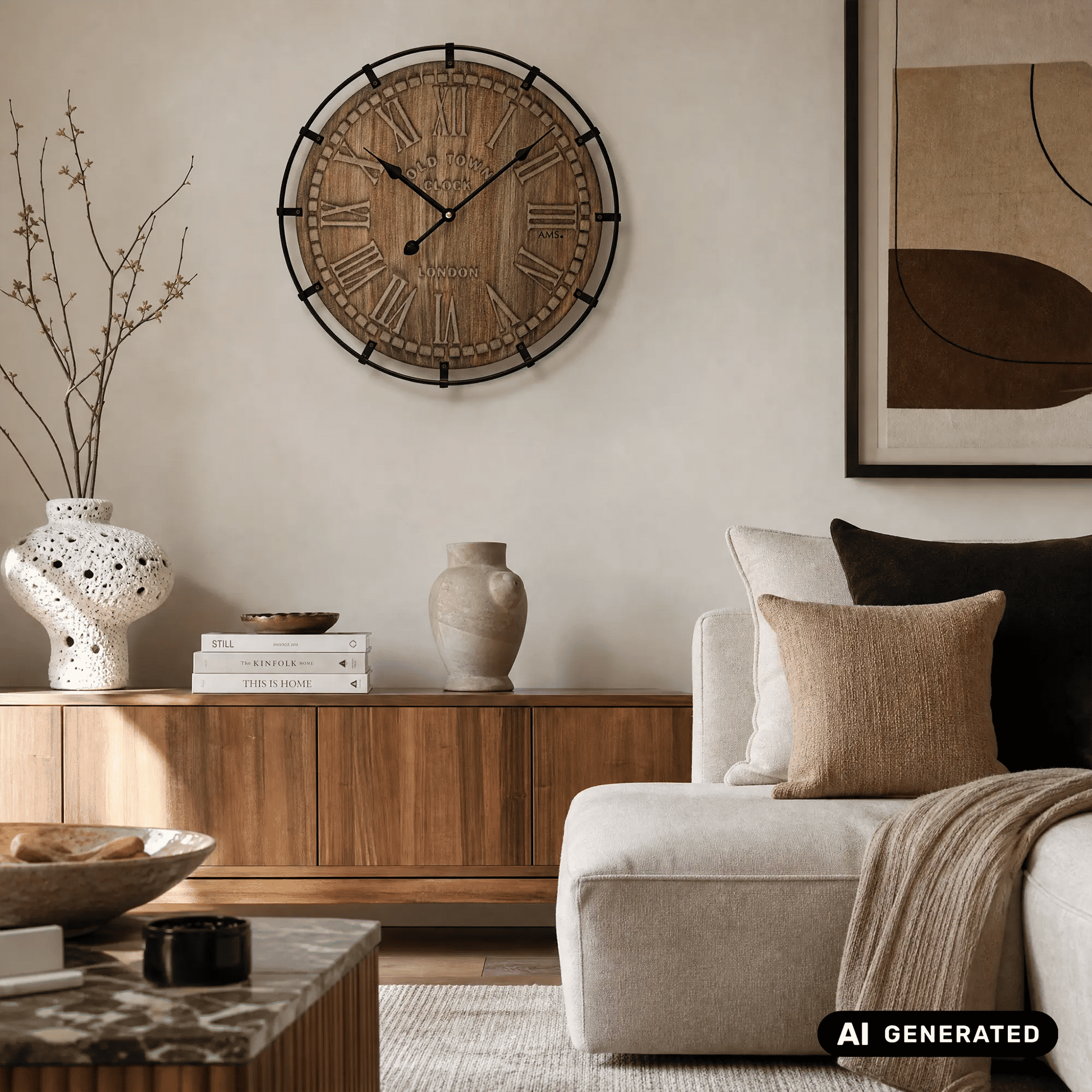 Wanduhr rund an der Wand mit Holz-Zifferblatt, römischen Zahlen und schwarz eingefasstem Rahmen