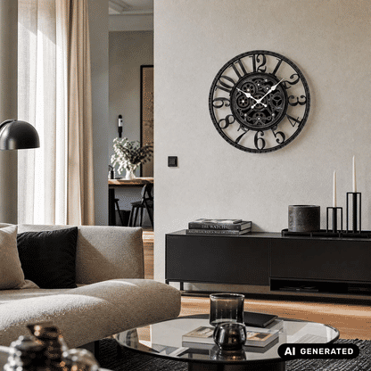 Wanduhr an der Wand mit runder Ziffernfläche und sichtbarer Zahnrad-Mechanik