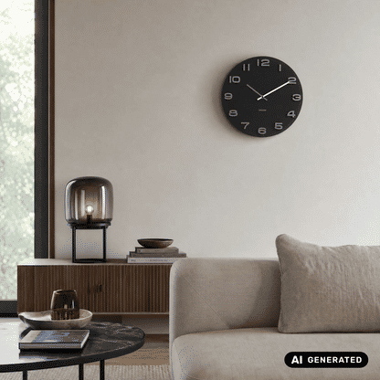 Schwarze runde Wanduhr an heller Wand, silberne Zahlen und Zeiger
