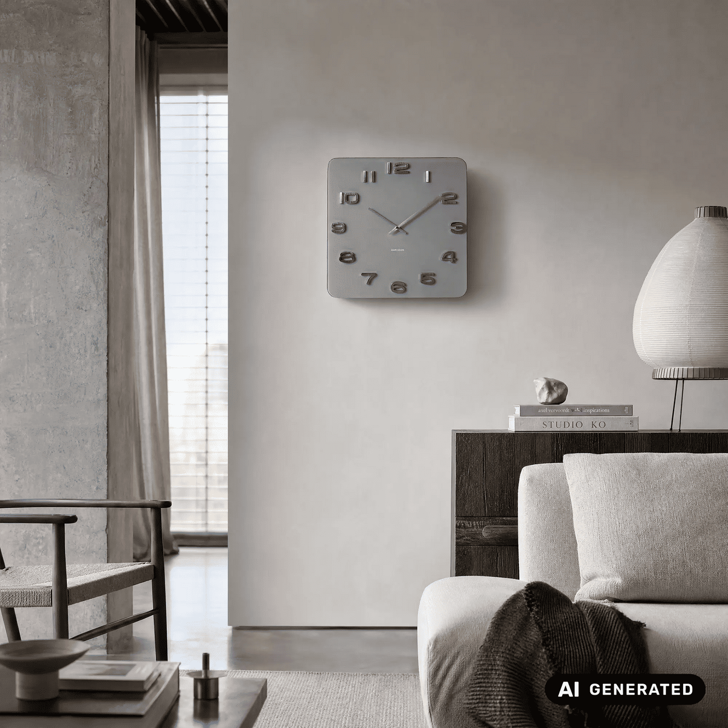 Quadratische graue Wanduhr mit offenen Ziffern, Metallzeigern und rechteckigem Gehäuse