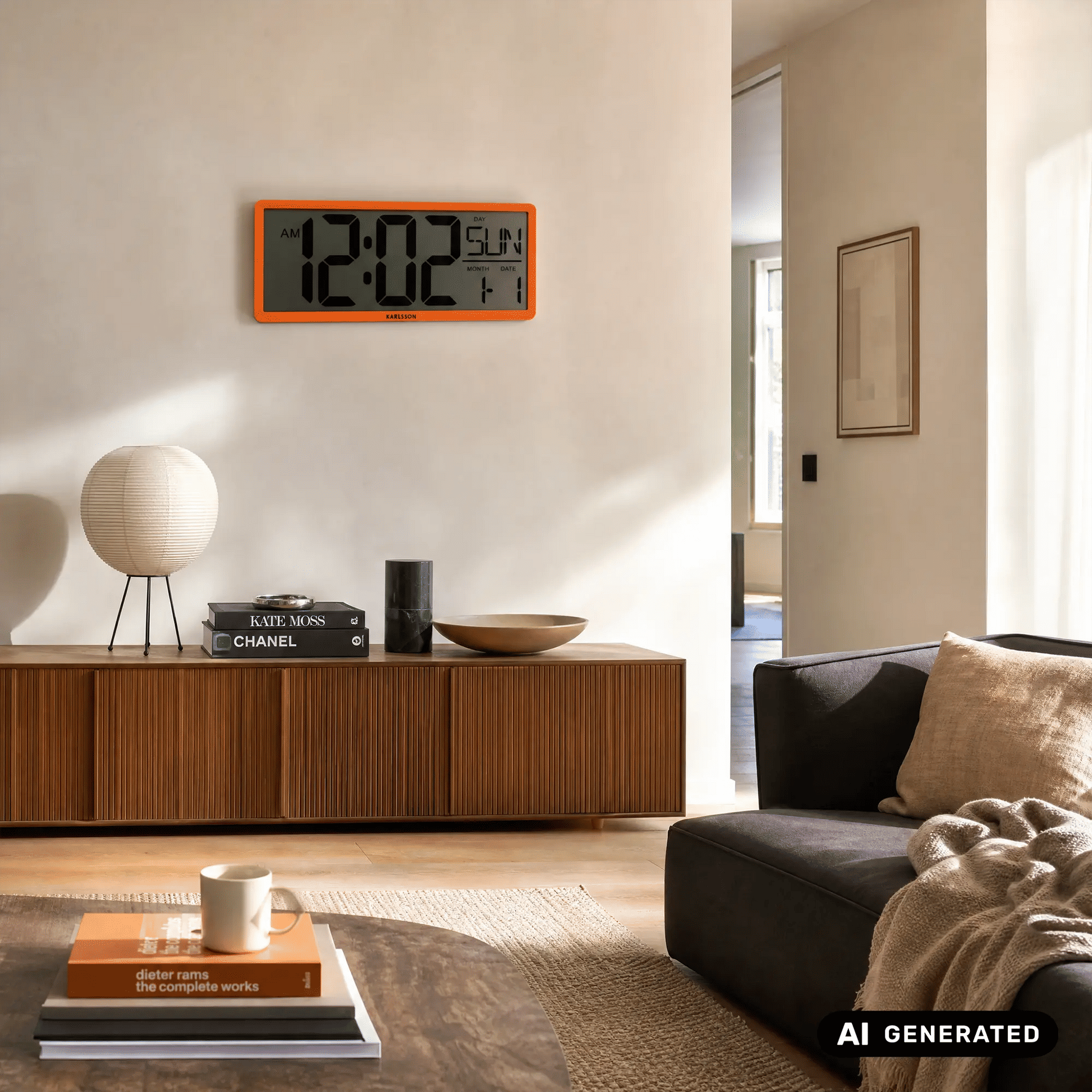 Retro-LCD-Wanduhr von Karlsson mit orangefarbenem Rahmen an der Wand, digitale Zeitanzeige